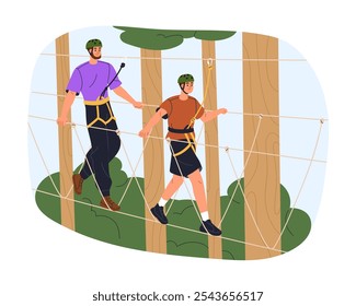 Aventura familiar em curso de corda alta no parque florestal. Pai e filho caminhando em ponte suspensa, balançando em obstáculo ao ar livre. Atividade recreativa. Ilustração de vetor plano isolada no plano de fundo branco