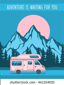 Family Adventure Road trip poster template, Caravan camper motorhome rv f journey to mountains. Pine forest and rocks background 