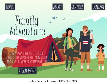 Family adventure website template with cartoon characters of parents and child in forest, flat vector illustration. Family tourism and camping landing page.