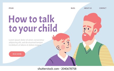 Family advisor or counselor website banner template with understanding good father talking to his child, flat vector illustration. Respect and dialog in family.