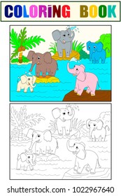 Family of African elephants color book for children cartoon vector illustration. Coloring, black and white