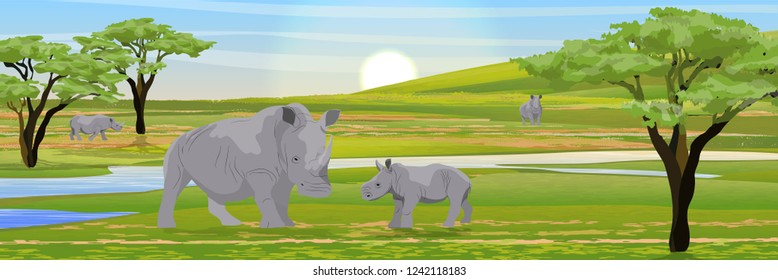 Family of African rhinos. Mother and her cub. Wild animals of Africa. African savanna with river and trees. Realistic vector landscape.