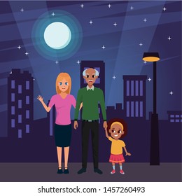 Family afro grandfather with daughter and granddaughter in the city urban scenery background at night ,vector illustration graphic design.