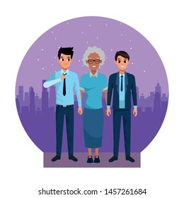 Family afro grandmother with adult grandsons in the city urban scenery background ,vector illustration graphic design.