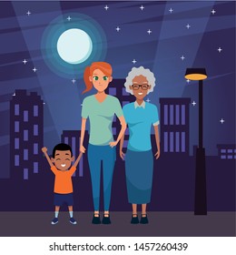 Family afro grandmother with daughter and granddaughter in the city urban scenery background at night ,vector illustration graphic design.