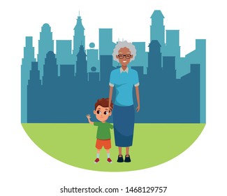 Family afro grandmother hand of with boy in the city urban scenery background ,vector illustration graphic design.