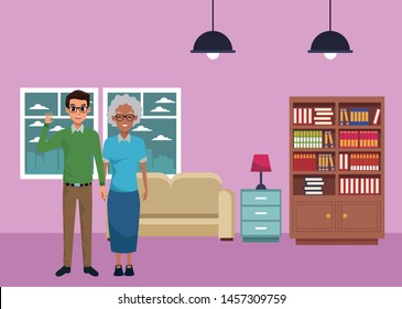 Family afroamerican grandmother with adult son smiling cartoon inside home living room with sofa and library scenery ,vector illustration graphic design.