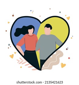 Family against war with Ukraine. Stop the war. Flag of Ukraine in heart. Couple calling for peace. World solidarity, help, international support concept. Stop conflict call. Flat vector illustration