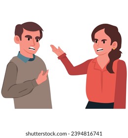 Family, agressive emotions concept. Young couple man husband and woman wife boyfriend and girlfriend friends cartoon characters yelling at each other. Quarrel conflict and troubles in relationships.