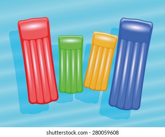 A family of air mattresses floating on blue water, as a symbol for family holiday or family friendly vacation destinations. Isolated vector illustration.