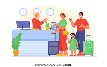 Family in airport check in. Man, woman and girl with suitcases talking to airport employee. Tourists and travelers. Holiday and vacation. Flat vector illustration isolated on white background