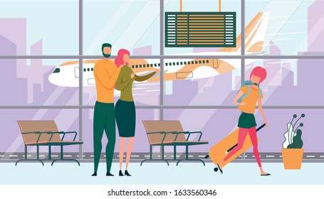 Family in Airport, Father and Mother See off Teenage Daughter to Trip. Teen Girl with Pink Hairstyle Wearing Stylish Clothing Leaving Parent Going for Vacation Tour. Cartoon Flat Vector Illustration