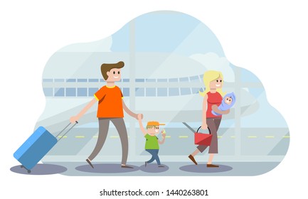 Family at an airport. Father mother, son and baby travel. Happy family concept. Vector illustration in a flat style
