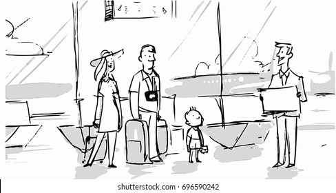 Family in the airport going to vacation trip together and a travel agent helping them. Vector sketch for cartoon, projects, storyboards