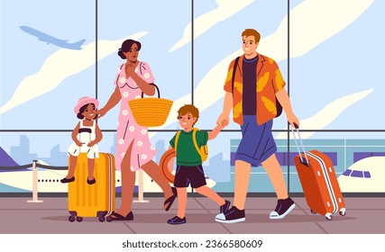 Family at airport. Happy parents travel with children. Mom, dad, son and daughter with suitcases and luggage. Airplane flight on vacation. Characters go on holiday. Cartoon flat vector illustration