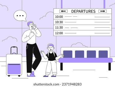 Family in airport line. Man with kid and luggage near arrival departure. Trip and flight, journey. Vacation and holiday. Poster or banner for website. Linear flat vector illustration