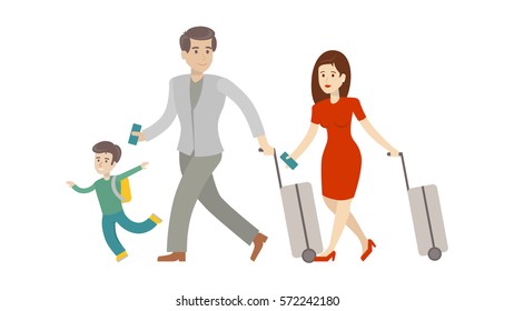 Family in airport with luggage and suitcase on white background. Father, mother and son. Family on vacation.