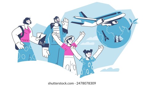 A family in the airport terminal is about to fly on an airplane. Family of passengers and tourists in airport, flat cartoon vector illustrations on white background.