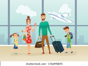 Family at airport terminal with luggage and