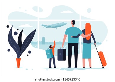 Family In The Airport Terminal With Luggage. Passengers And Travel Vector Cartoon Flat Concept Illustration.