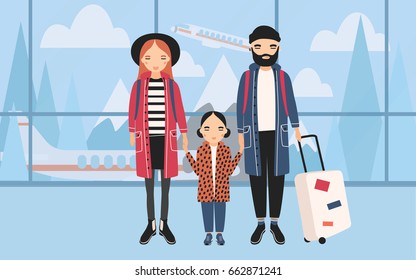 Family at airport. Trendy young couple with baby and luggage. Horizontal banner with mountains and airplane on background. Colorful vector illustration in cartoon style.