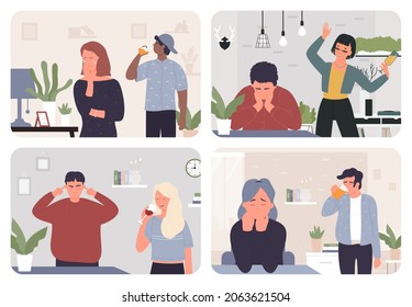 Conjunto de ilustraciones vectoriales de problemas de adicción al alcohol familiar. Personajes adictos a las caricaturas hombres o mujeres sosteniendo un vaso de vino, una adolescente bebiendo cerveza, frustración por el contexto del concepto de alcoholismo