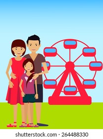 Family in the amusement park. Mother, father and daughter. Vector illustration

