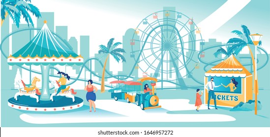 Family in Amusement Park Spending Leisure Time Flat Cartoon Vector Illustration. Riding Ferris Wheel. Family Buying Tickets, Mother Looking at Daughter on Roundabout. Entertainment.