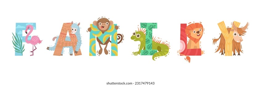 Family Animal Word with Alphabet Capital Letters and Funny Mammal Vector Inscription