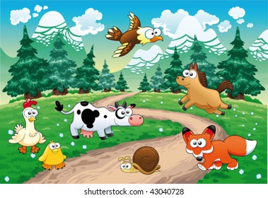 Family of animals with background. Funny cartoon and vector illustration