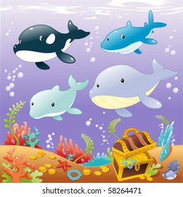 Family animals in the sea. Funny cartoon and vector illustration