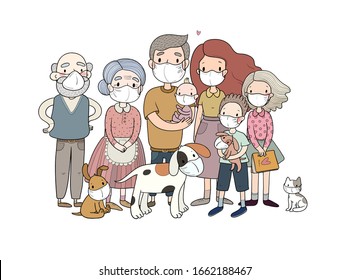 Family and animals in white medical face mask  for prevent virus. Coronavirus quarantine