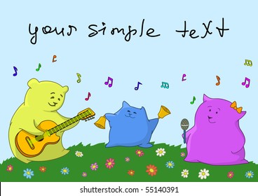 Family of animals-pillows: the father, mother and the son give a musical concert