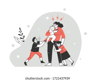 Molestia familiar. Irritación y fatiga infantil de la madre. Ilustración vectorial de dibujos animados.