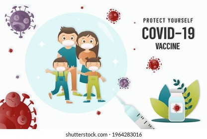 Family Anti-Coronavirus disease COVID-19 infection medical vaccine The new official name for Coronavirus disease named COVID-19, pandemic risk background vector illustration