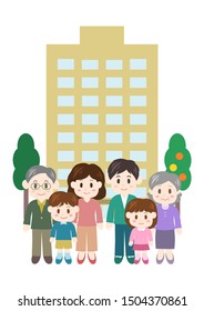 Family and apartment building. Vector illustration. 