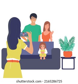 Family in an apartment. Mom, dad, daughter take a photo on the phone. Vector illustration.