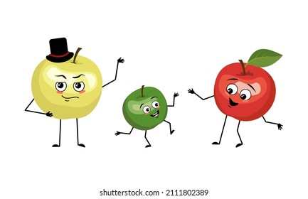 Family of apple characters with happy emotions, smile face, happy eyes, arms and legs. Mom is happy, dad is wearing hat and child is dancing. Vector flat illustration