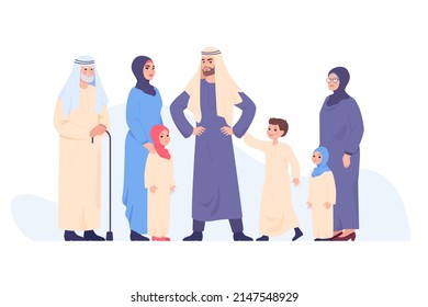 Family of Arab cartoon people in traditional clothes and hijabs. Young and old Saudi Muslim men and women, husband, wife and kids flat vector illustration. Religion, family, culture concept for banner