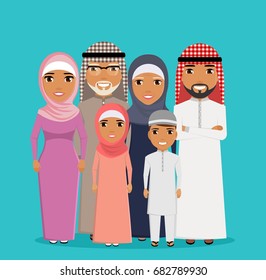 Family of Arab nationality. Close-knit family. National outfits. Tradition. Big family. Standing next to each other. In flat style, cartoon.