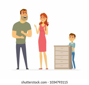 Family argument - cartoon people character isolated illustration on white background. An image of a young couple angry with each other. Parents quarrel and a little son unhappy with them