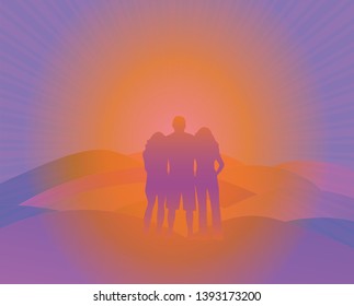 Family with arms around each other enjoying beautiful  mountain view on summer trip. Silhouettes of people enjoying time. Vector illustration. Blue Ridge Mountains, North Carolina, USA.