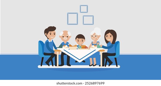 The family around a dinner table. Mom, Dad, Grand Parents and a Kid. SHOTLISTseason