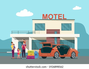 The Family Arrives At The Motel And Unloads Their Luggage From The Trunk Of Their Car. Vector Flat Style Illustration.