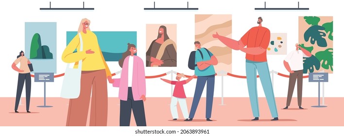 Family in Art Gallery. Exhibition Visitors Parents with Kids Viewing Famous Paintings Hanging on Walls at Contemporary Exhibit. People Enjoy Watching Creative Artworks. Cartoon Vector Illustration