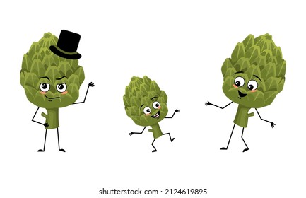 Family of artichoke fruit characters with happy emotions, smile face, happy eyes, arms and legs. Mom is happy, dad is wearing hat and child is dancing. Vector flat illustration