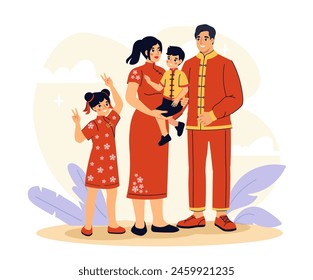 Family of asian nationality. Generations, father and mother with boy and girl. People in traditional chinese or indian red clothes. Cartoon flat vector illustration isolated on white background