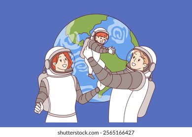 Family of astronauts makes space trip with baby, wearing spacesuits to obtain oxygen in zero gravity. Family of astronauts traveling on spaceship on scientific mission went into outer cosmos