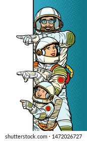 Family astronauts mom dad and son. Point to copy space poster. Pop art retro vector Illustrator vintage kitsch drawing