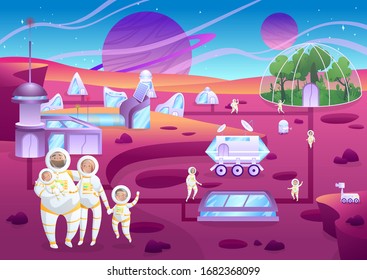 Family of astronauts terraforming planet, space colonization, vector illustration. Happy people on another planet, research base on Mars, science fantasy world of future. Cosmonaut family in spacesuit